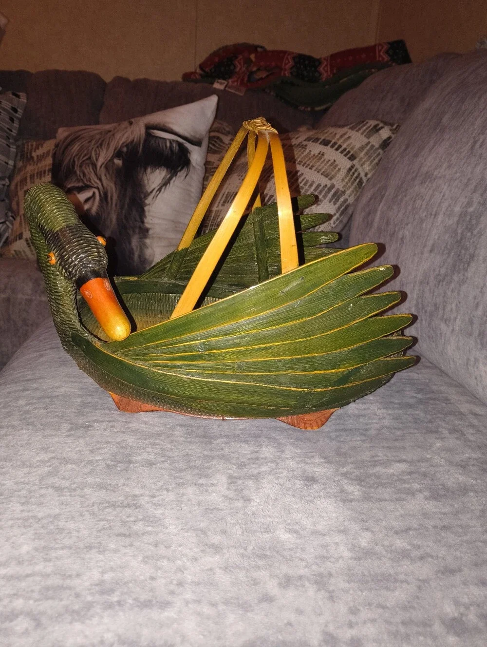 Vintage Green Wooden Swan Basket with Orange Accents